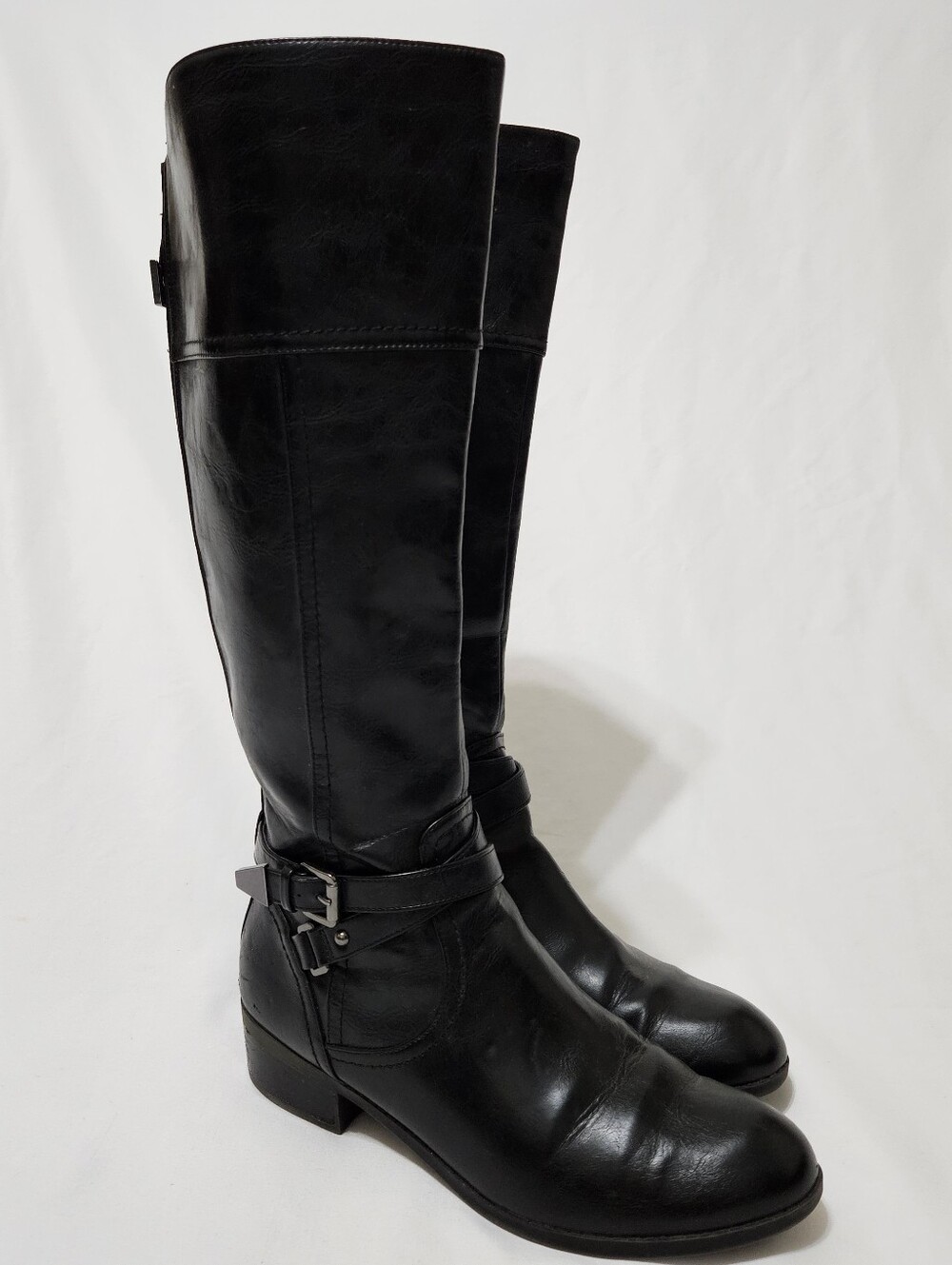 Coach And Four Women Leather Boots 10M Black Zip Round Toe Block Heel Buckle